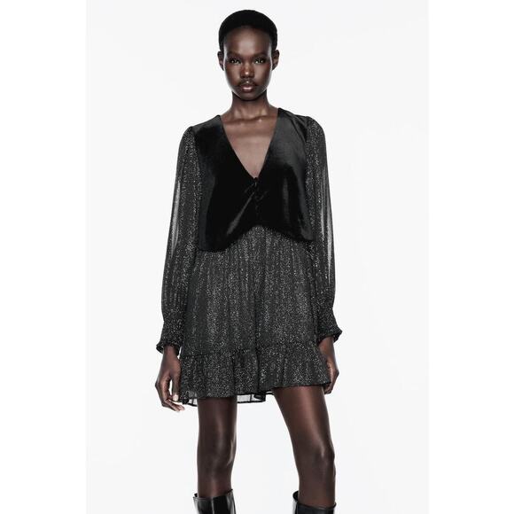 NWT Zara Velvet Vest Printed Pleated Single Breasted Mini Dress‎ Size Large - Picture 3 of 11